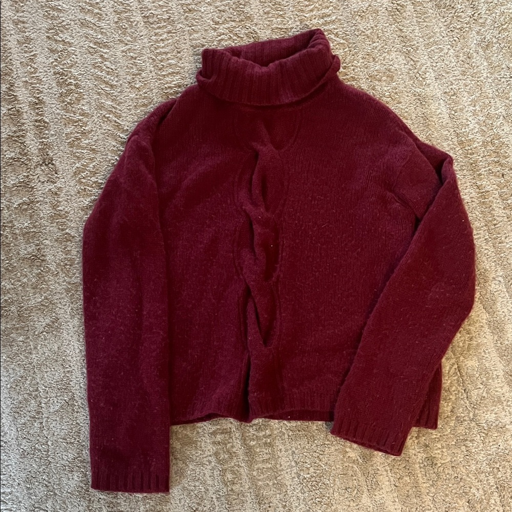 Garnet Hill Women's Burgundy 100% Cashmere Turtleneck Cable-Front Sweater Large